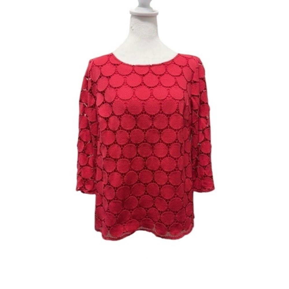 Boden Arabella Red Eyelet Lace Circle Geometric 3/4 Sleeve Lined Blouse Sz 12